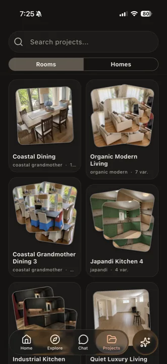 Projects screen showing saved room designs organized as a visual board