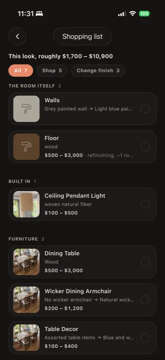 In-app shopping list showing itemized changes with price ranges and buy or DIY filters