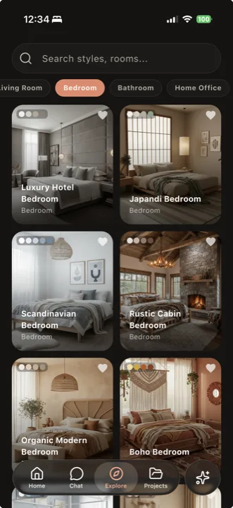Explore screen browsing curated bedroom designs across multiple interior styles