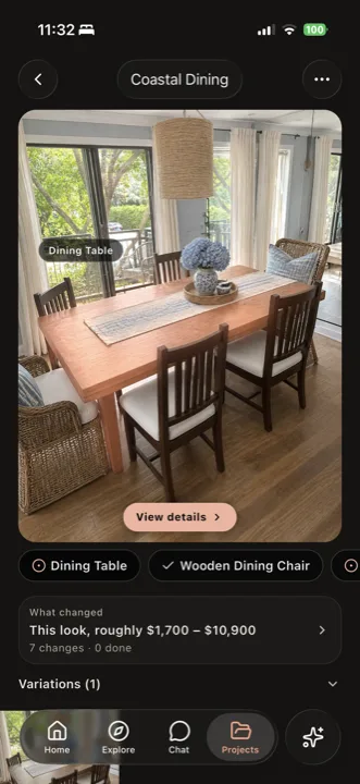 Redesigned dining room with tappable object labels and a what-changed cost summary