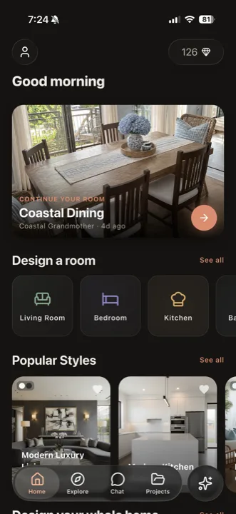 Revamp AI home screen showing a room in progress and room categories to design next